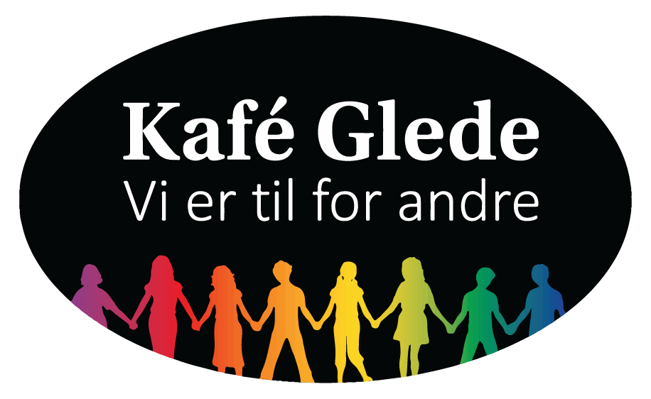 Kafé Glede sin logo: en oval plate med der teksten "Kafé Glede - Vi er til for andre" står over en illustrasjon av mennesker som holder hender og slik danner en menneskelenke. Menneskene er i regnbuens farger.
